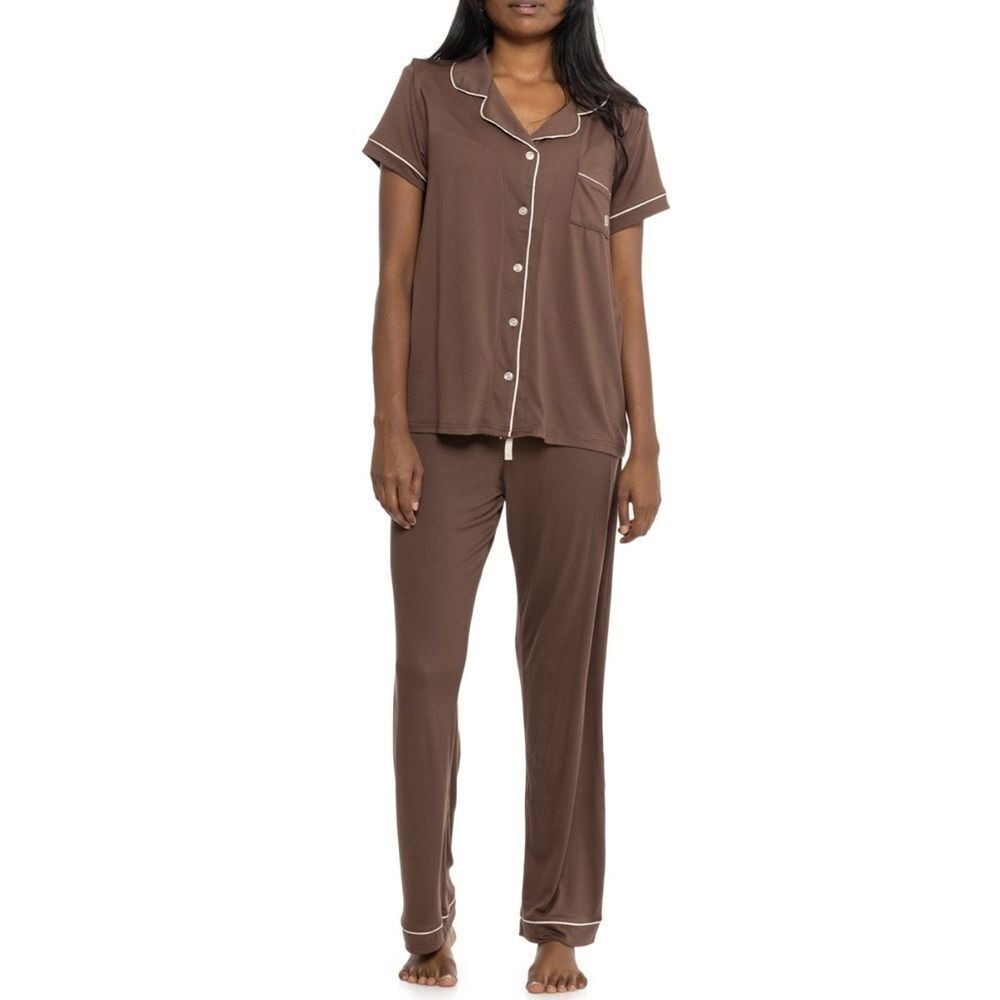 BORN L Brown Ivory Button Down Notched Collar Short Sleeve Long Pants Pajama Set